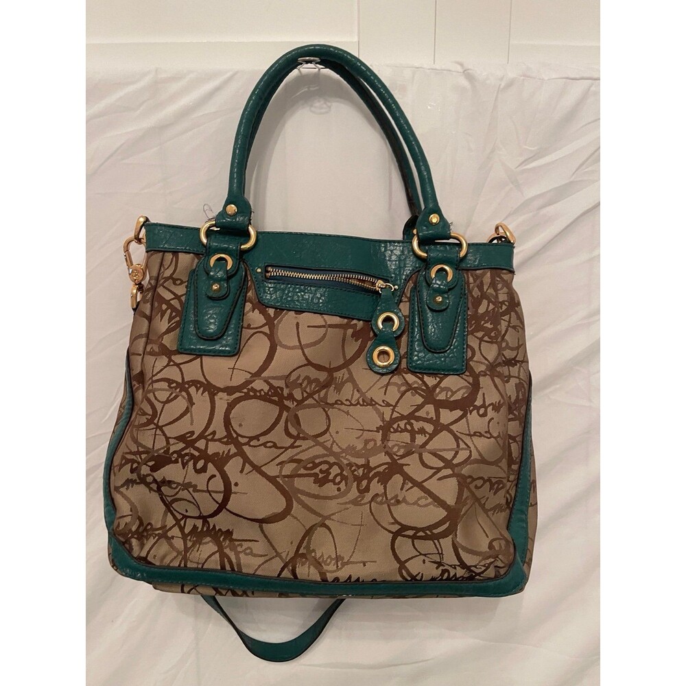 Jessica Simpson - Green and tan patterned satchel handbag with gold accents